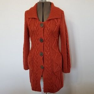 Chadwicks orange, knee length cabel knit sweater